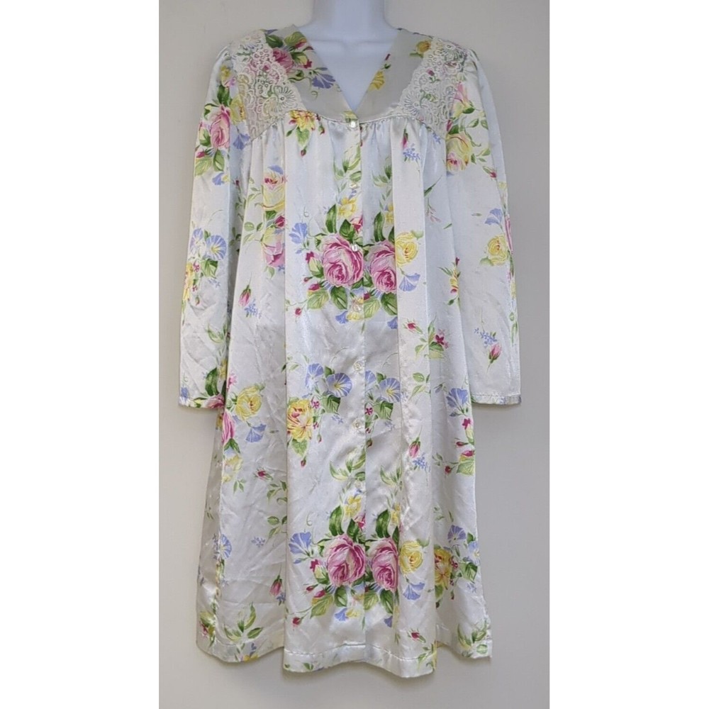 Vintage EVE STILLMAN Nightgown Gown Floral Lace Cottagecore Satin‎ Pockets Small